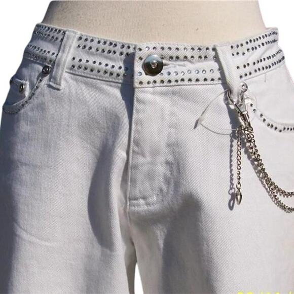 Cache Denim - Cache White Denim Embellished Flare Jean Pant Rhinestone Chain Belt New $168 NWT